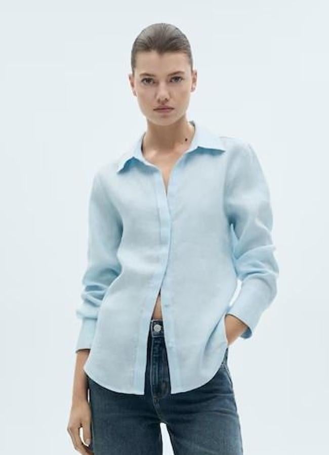 Camisa en tejido de lino básica azul